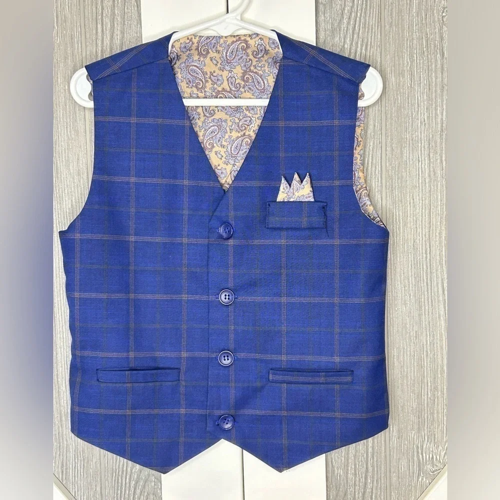 174. Young Boys Formal Vest Blue Plaid Size 5